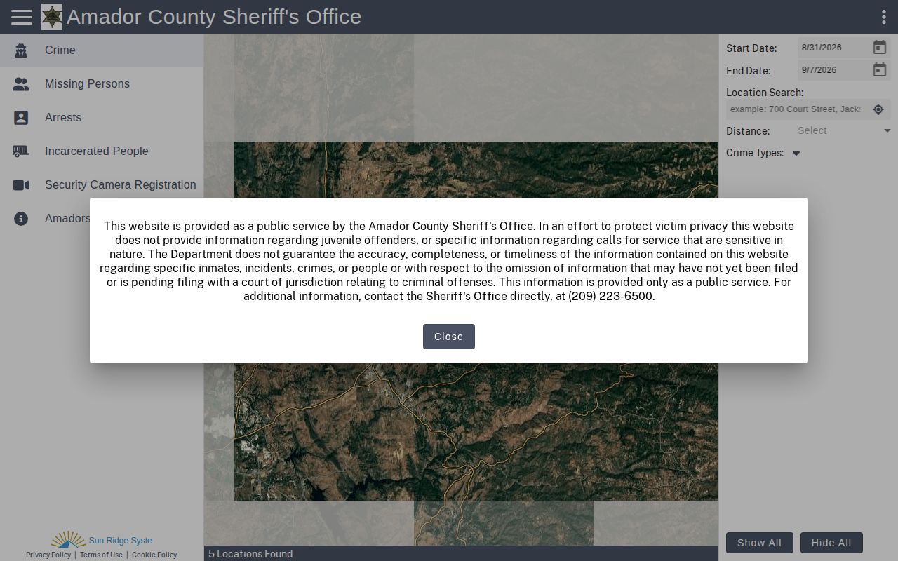 Amador Sheriff CitizenRIMS bulletins interface