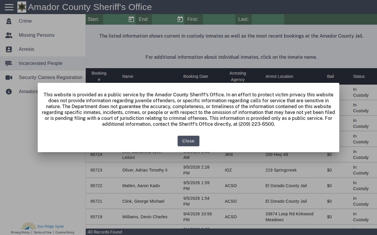 Amador County CitizenRIMS incarcerated people roster page