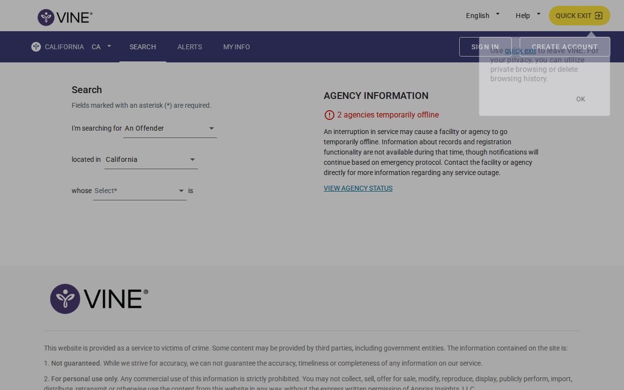 California VINELink person search screen