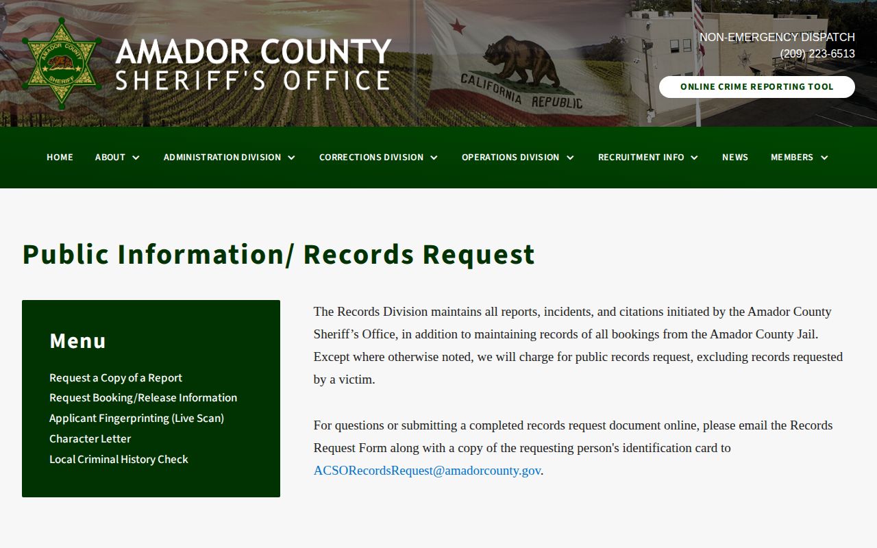 Amador County Sheriff public information and records request page