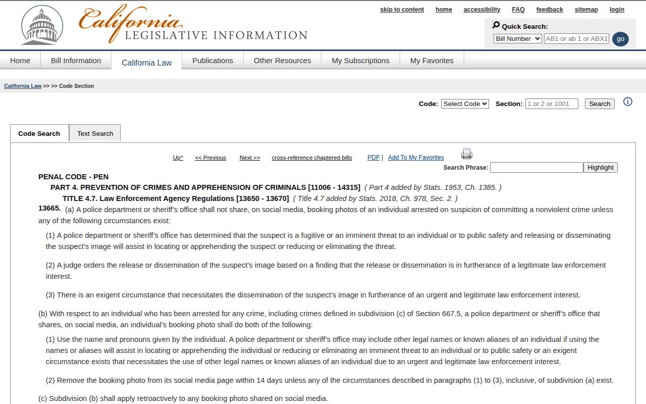 California Penal Code section 13665 official legislature page